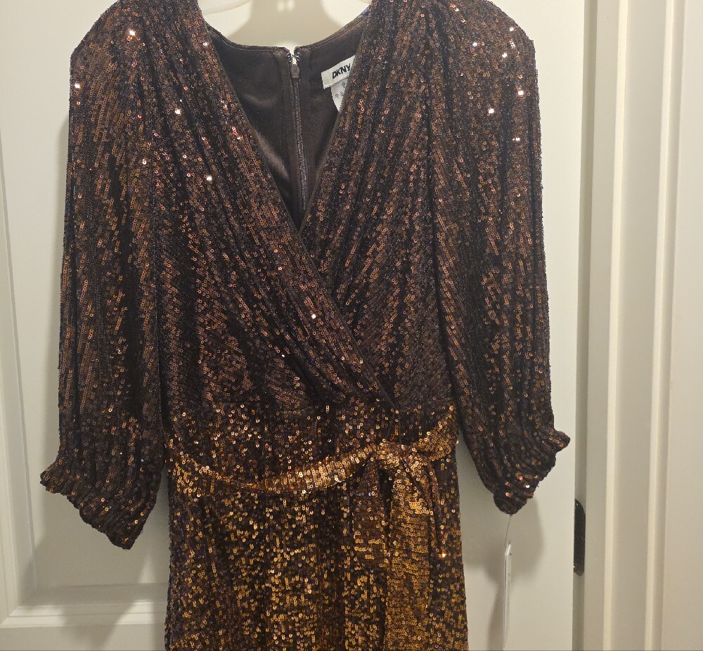 DKNY Two-Tone Bronze Sequin Wrap Midi Dress - Picture 7 of 16